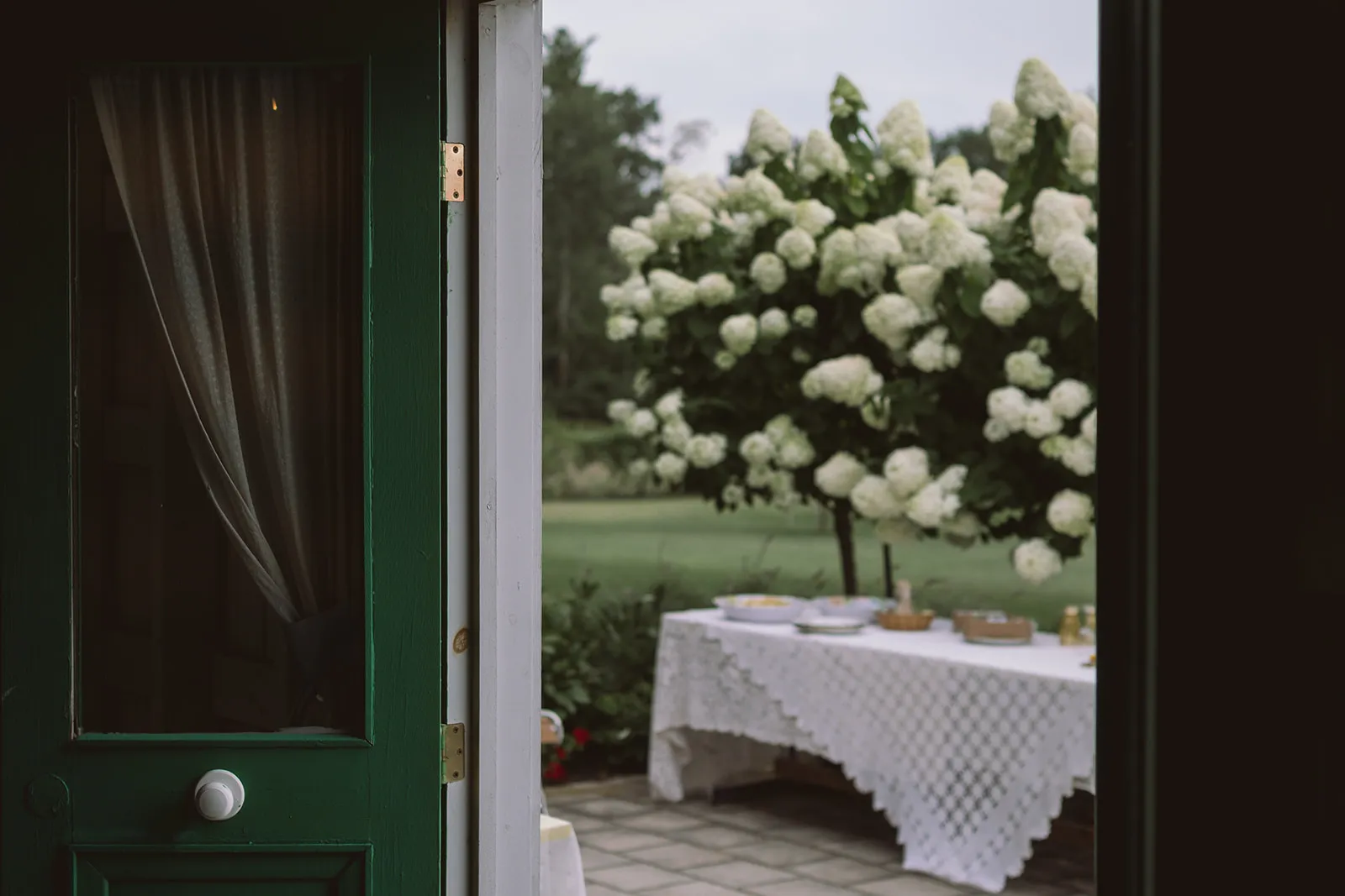 The view through an open green door onto a garden patio: a lace-covered table set with food, and a white-blooming hydrangea tree on the lawn beyond.
